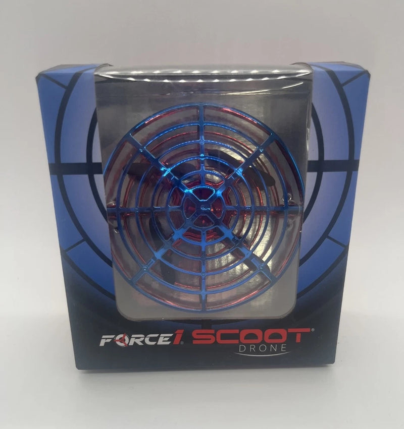 Blue and red indoor hands-free drone in a clear box with circular prop design