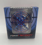 Blue and red indoor hands-free drone in a clear box with circular prop design