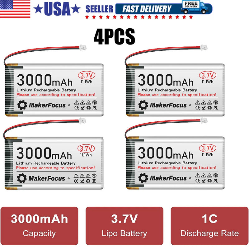 4PCS 3.7V 3000mAh 3C Lipo Battery Micro JST 1.25 Plug for Arduino Nodemcu ESP32