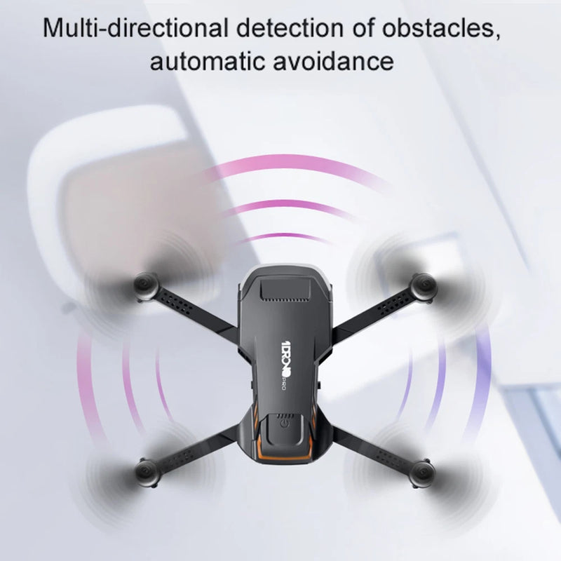 Black quadcopter drone with four rotors and front camera sensor module