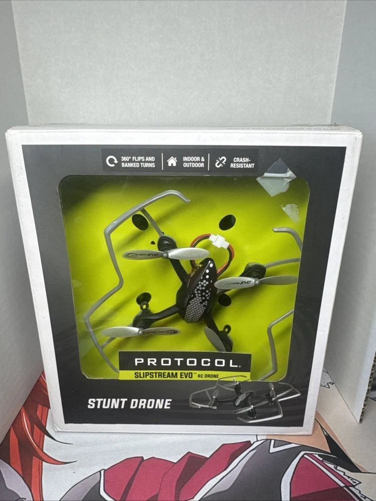 Stunt drone retail box with colorful quadcopter illustration and Protocol branding