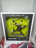 Stunt drone retail box with colorful quadcopter illustration and Protocol branding