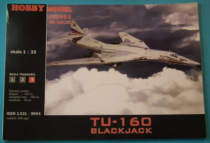 Tu-160 Blackjack model kit box with bomber aircraft artwork and red numbering