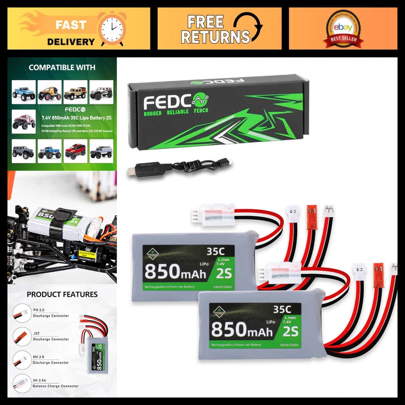 7.4V 2S 35C 850mAh LiPo Battery & USB Charger for 1/24 Scale RC Cars Battery