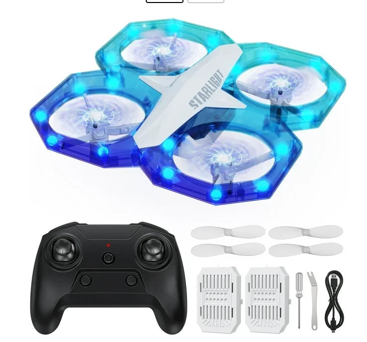 Mini LED quadcopter drone with blue prop lights, plus remote controller and spare propellers