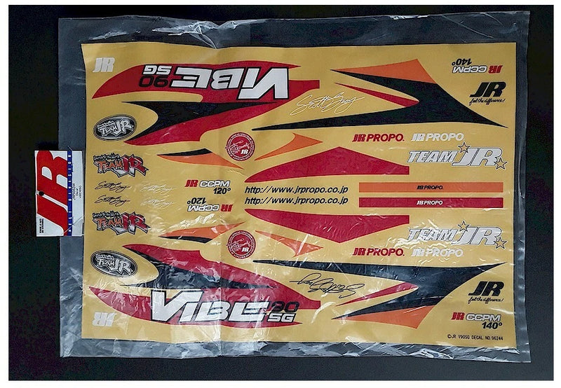 RC helicopter decal sticker sheet with Vibe SG logo, red, yellow, and blue graphics