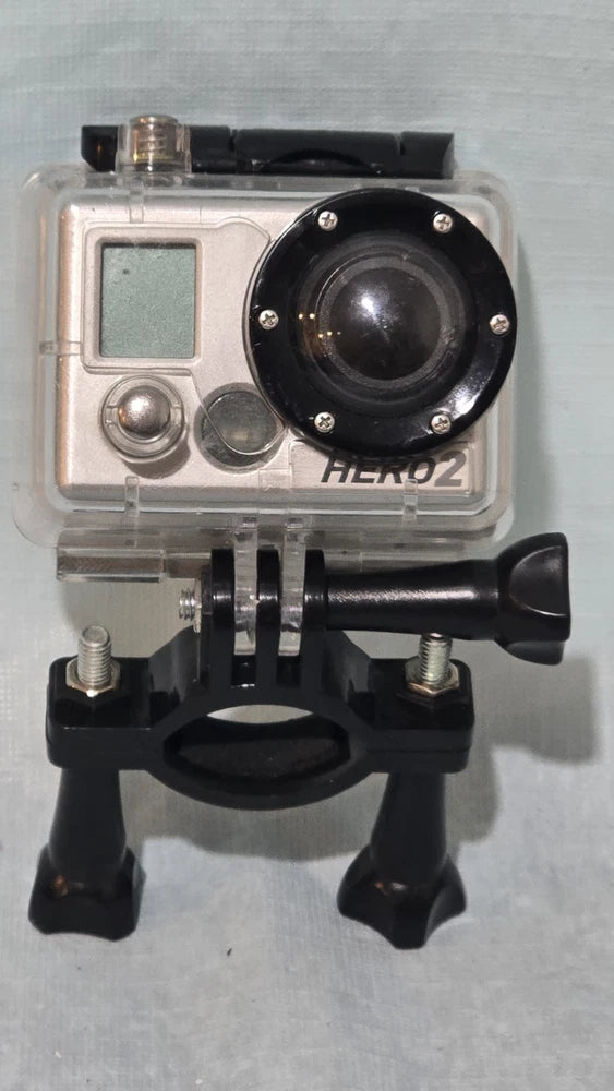 GoPro Hero2 action camera in clear waterproof housing with mount and handlebar clamp