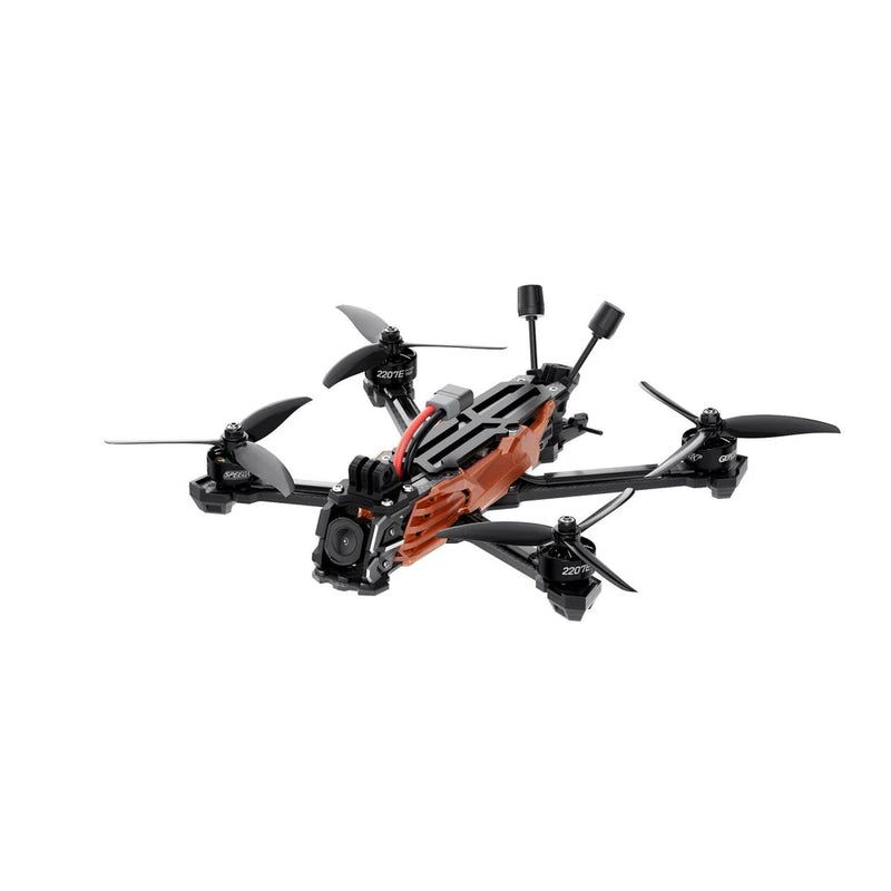 Freestyle FPV quadcopter drone with orange and black frame, four propellers