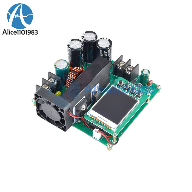 DC boost power module with LCD display on green PCB and black heatsink