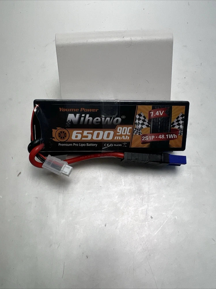 7.4V 6500mAh RC LiPo battery pack with red/black leads and EC5 connector