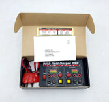 Dual-port RC battery charger with buttons and display, in open cardboard box