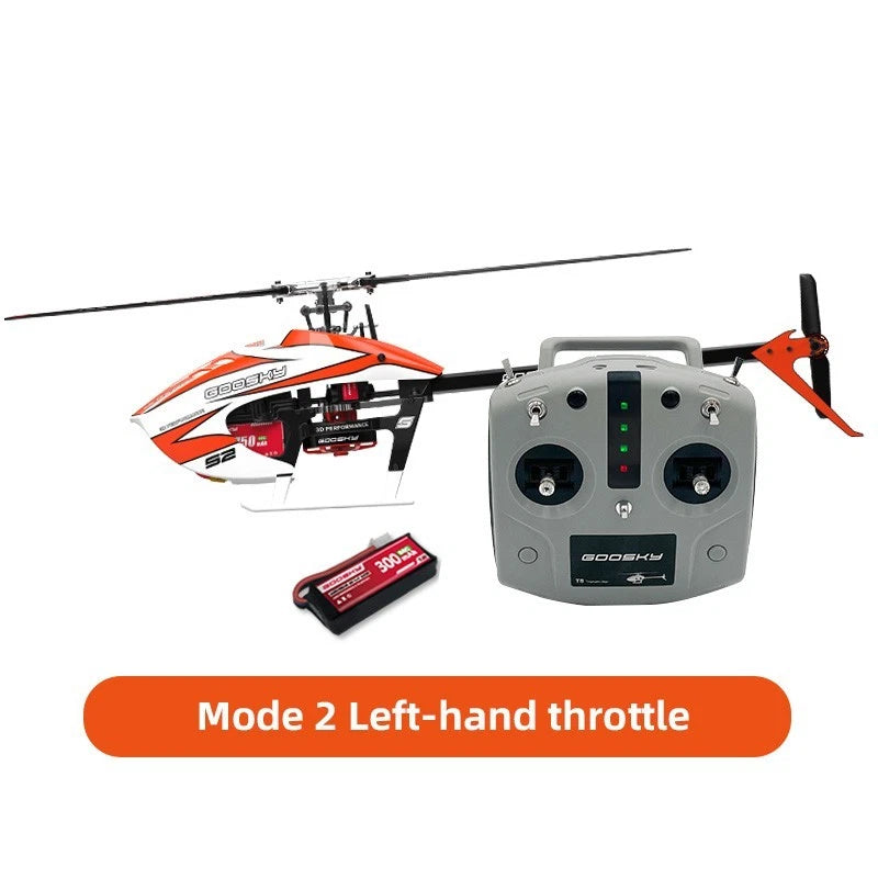 Micro electric RC helicopter with orange/black body and Mode 2 controller, left-hand throttle