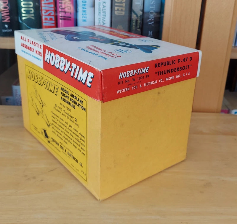 Hobby-Time model airplane kit box, red and yellow with P-47 Thunderbolt label
