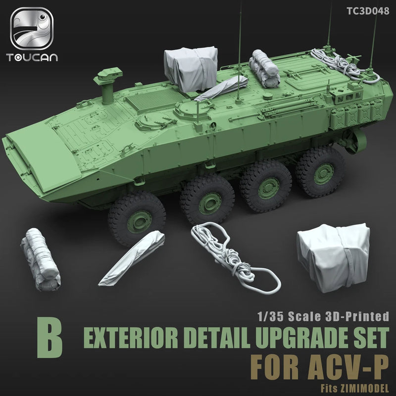 1/35 3D-printed exterior detail upgrade set with vehicle parts and accessories, green and gray.