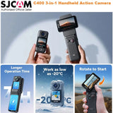 Handheld action camera with front lens and dual rotating screens, in a compact grip