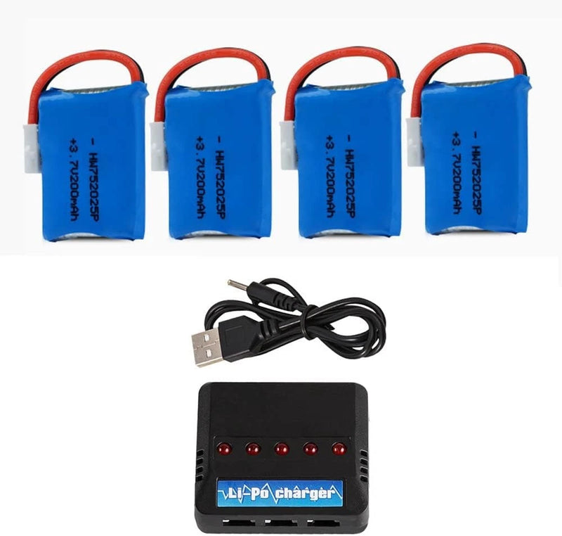 4pcs 3.7V 200mAh Li-Po Battery 4 Pack for RC Drone with 5-in-1 Smart Charger