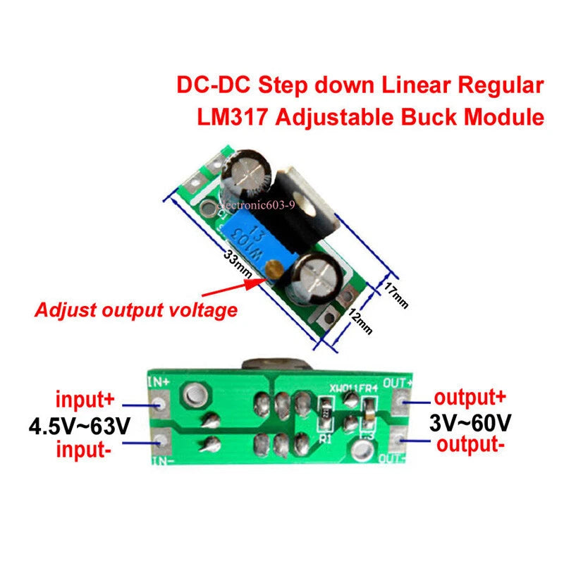 Adjustable DC-DC step-down buck regulator module PCB with input and output terminals