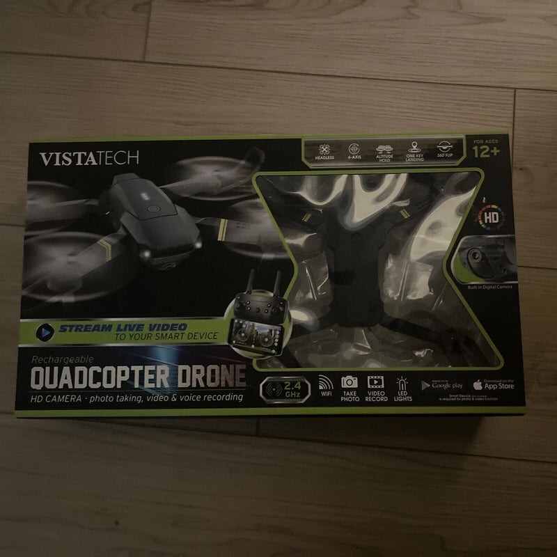 Rechargeable VISTATECH quadcopter drone in retail box, HD camera, 12+ features