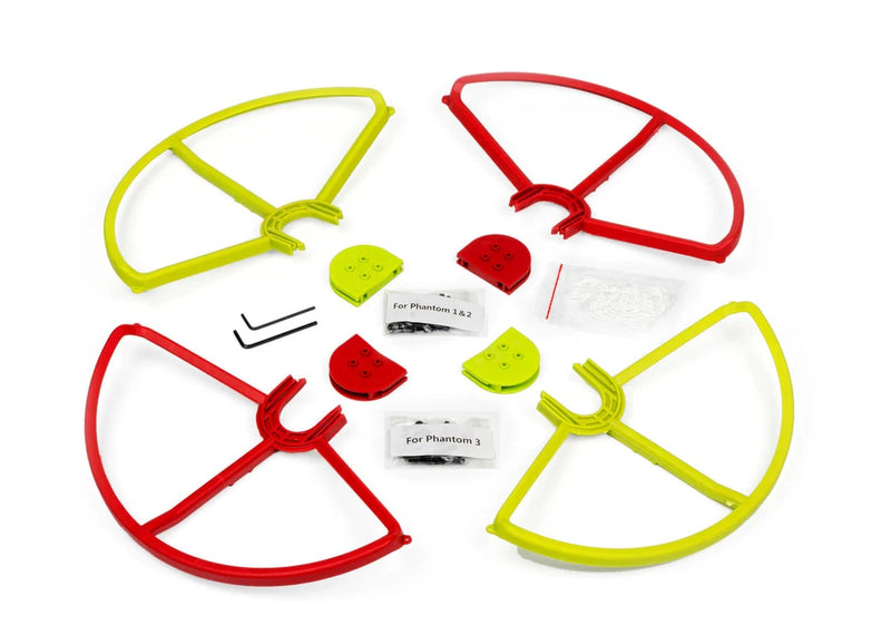 DJI Phantom prop guards set with snap-on mounts, red and neon yellow-green frames