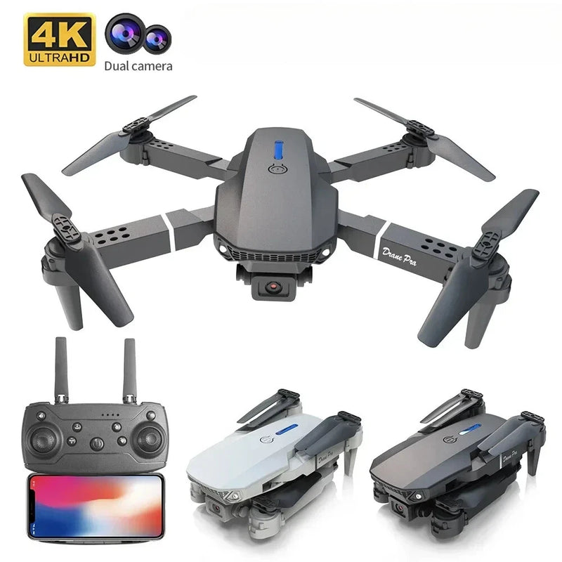 Mini quadcopter drone with 4K dual cameras, front camera, and handheld remote controller
