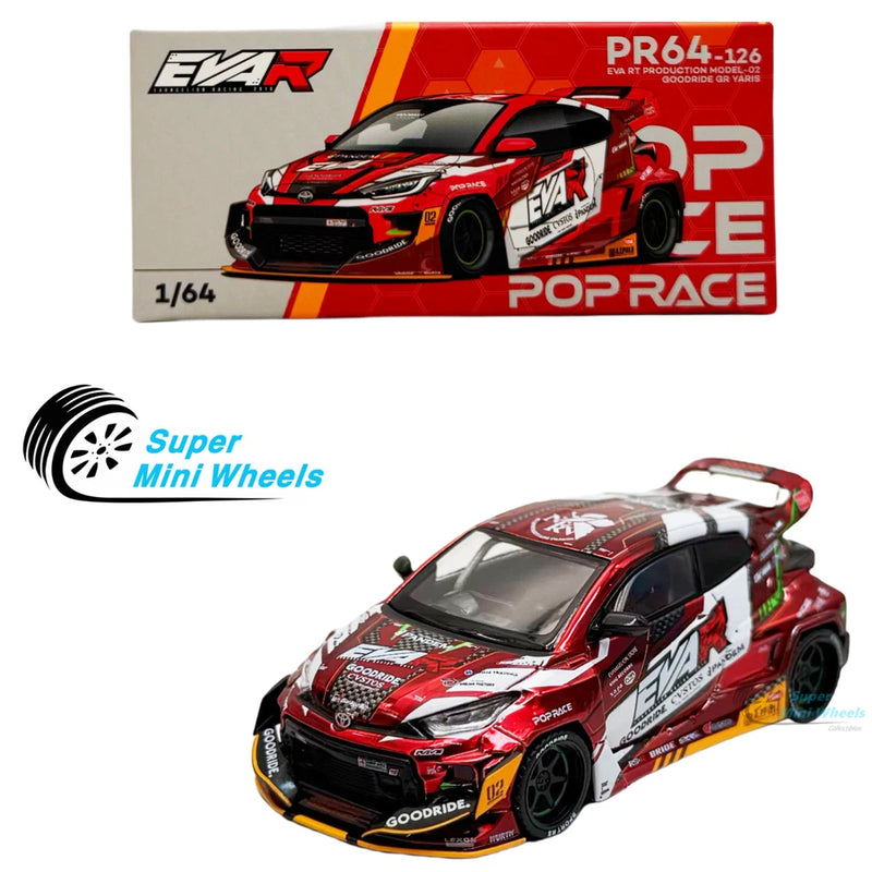 1/64 scale red and white race model car, Toyota GR Yaris style with EVA branding