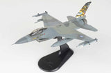 1/72 scale F-16C fighter jet model, light gray with colorful tail art on stand