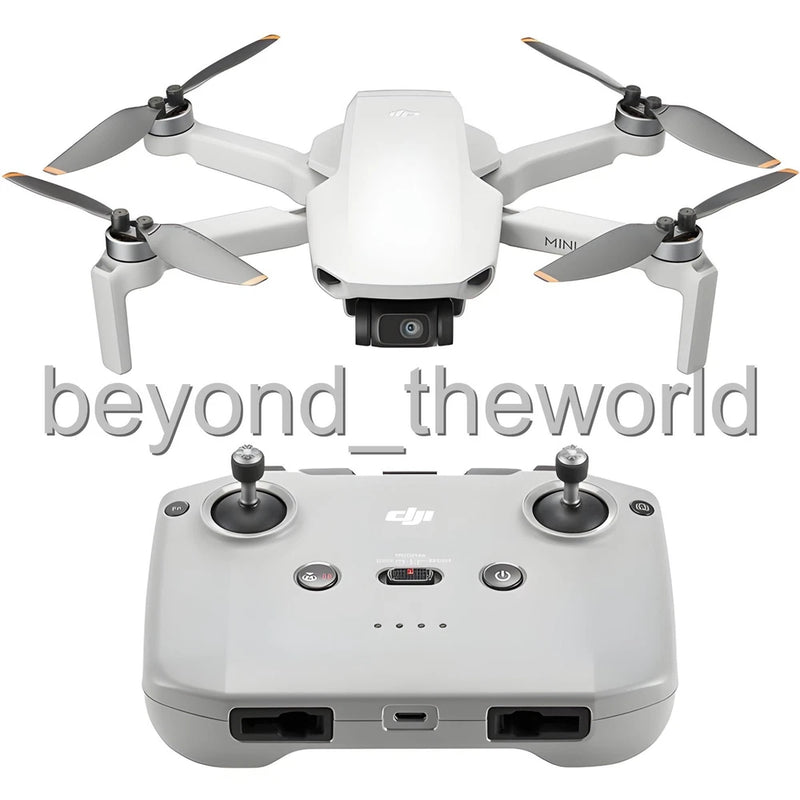 White quadcopter drone with 4 propellers and gray remote controller, front view