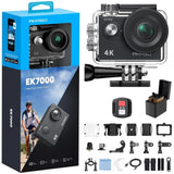4K action camera kit with front camera unit, mounts, and remote control