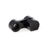Black RC servo arm linkage with circular mounting hole and curved profile