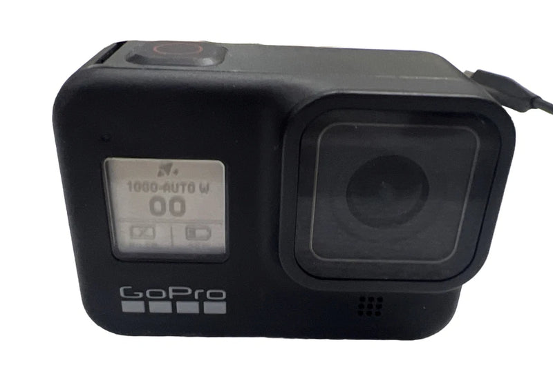 Black GoPro Hero 8 action camera with front lens and side display screen