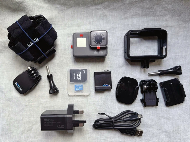 GoPro HERO6 Black action camera kit with touch screen, head strap, quick clip and accessories