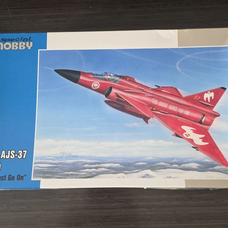 Aircraft model kit box with red AJS-37 Viggen jet artwork