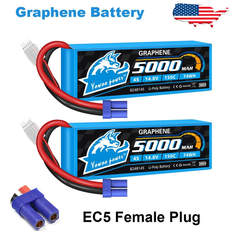 2X Yowoo 5000mAh 14.8V 4S 150C EC5 Lipo Battery for RC Airplane Drone Car FPV US