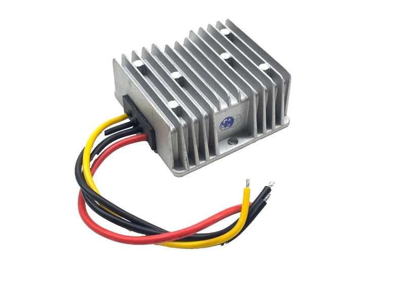 DC-DC converter boost module with metal heatsink and attached red, yellow, black wires