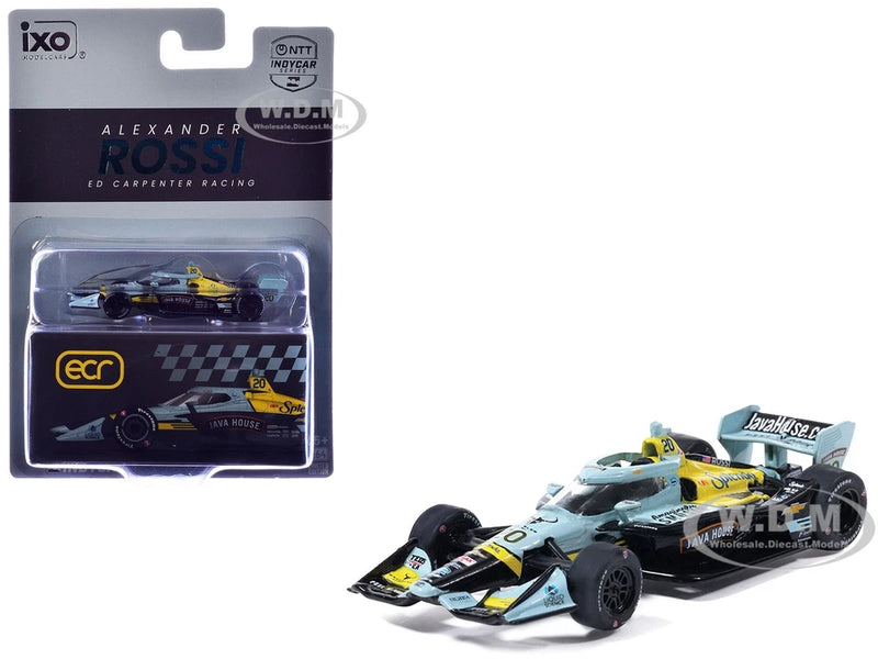 1/64 scale IndyCar die-cast model in teal, yellow, and black with blister package