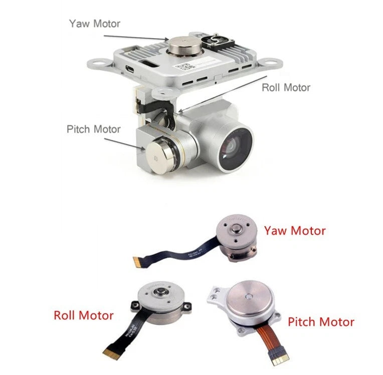 Silver gimbal yaw, roll, and pitch motor set with circular mounts and attached wiring