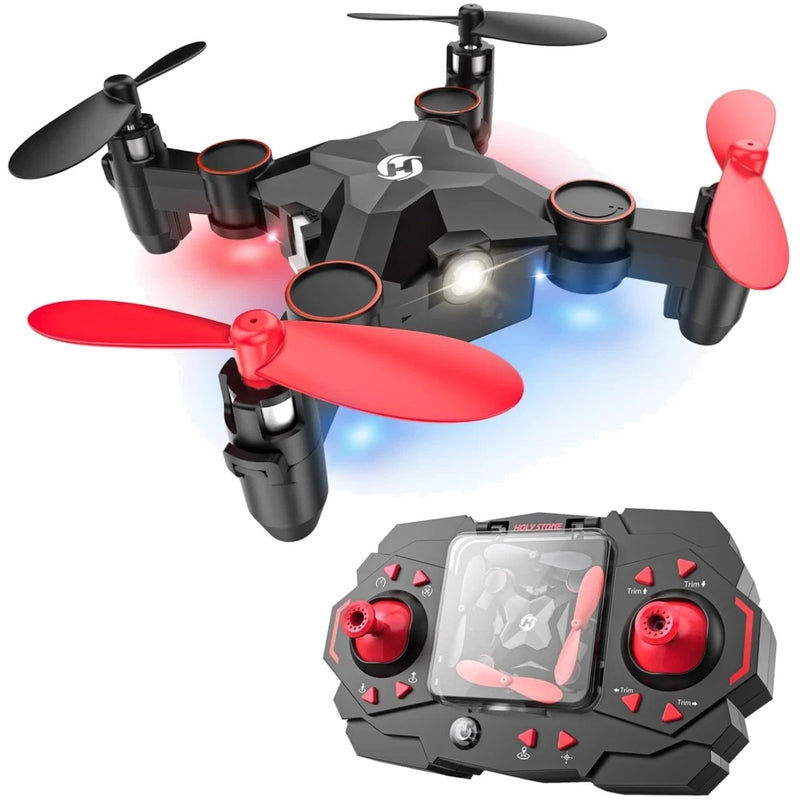 Black and red foldable mini drone with four propellers and compact remote controller