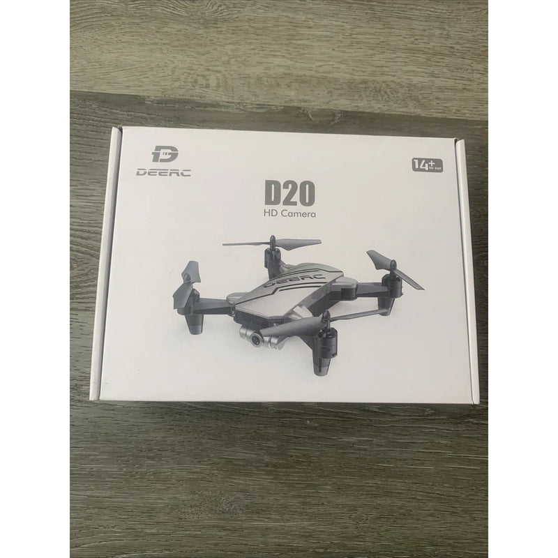 DEERC D20 HD camera drone retail box with pictured quadcopter