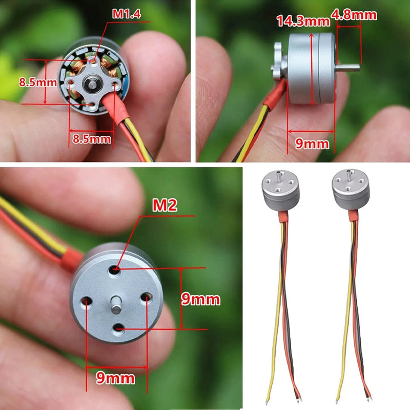Pair of micro brushless RC motors with metal body and three-wire leads, 14mm size