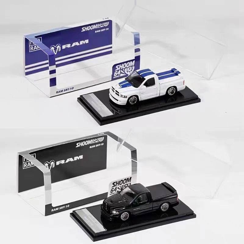 1:64 alloy car model set, white and black RAM SRT-10 with display bases and boxes