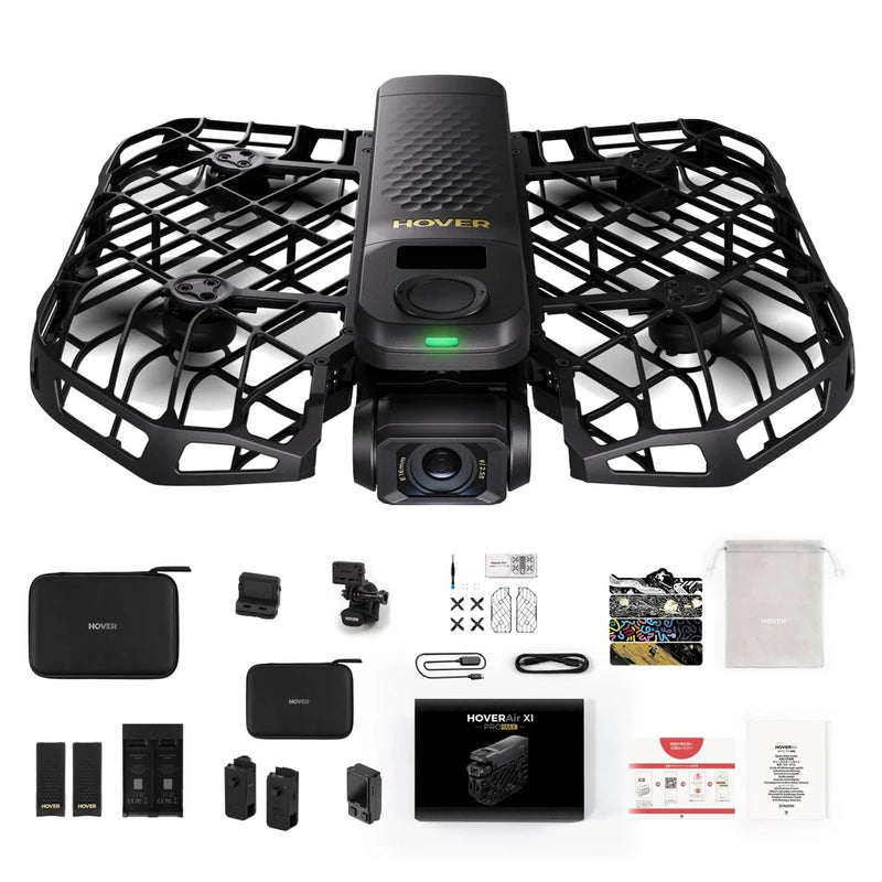 Foldable camera drone with front gimbal, protective cage, and palm-sized design