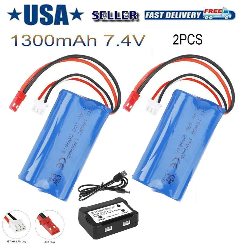 2x Li-ion Battery 7.4V 1300mAh 15C JST Plug & Charger for RC Car Off Road Truck