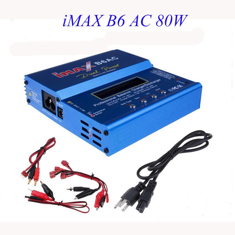 Blue iMAX B6 AC 80W balance charger with power and balance leads
