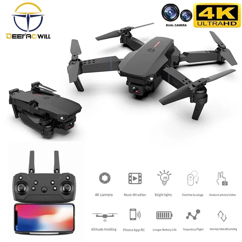 Dual-camera 4K drone with foldable propellers and remote controller, dark gray