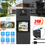 Dark gray body-worn camera with front lens and small built-in display screen