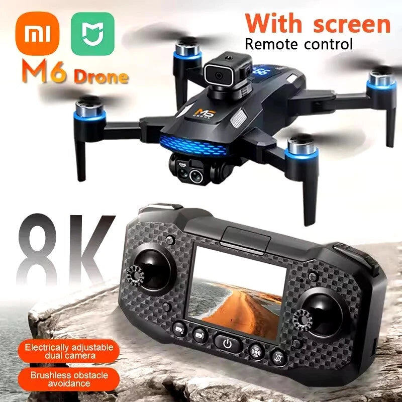 Video camera drone with controller screen, black body with blue accents