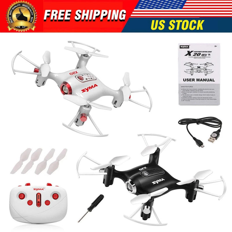 Mini quadcopter drone set with auto hovering: white drone, black controller, cable