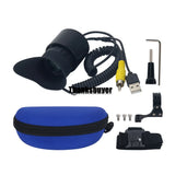 Wearable head-mounted display kit with black visor, blue case, USB cable and mounting brackets