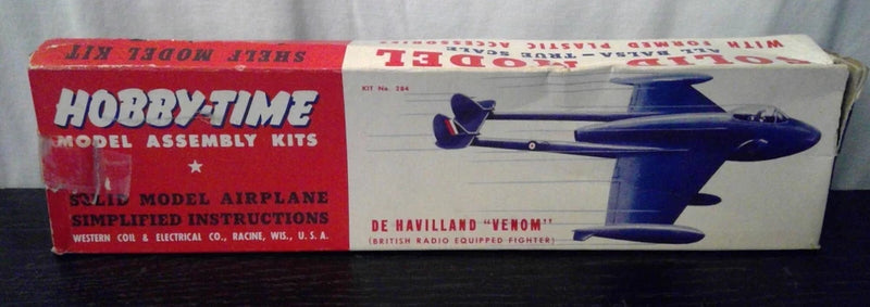 De Havilland Venom vintage model airplane kit box with blue jet graphics