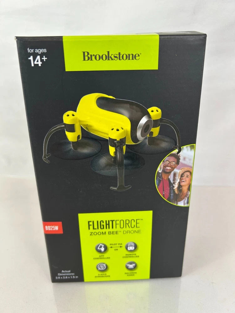 Brookstone Flightforce zoom bee drone box, featuring yellow bee drone and remote control icons